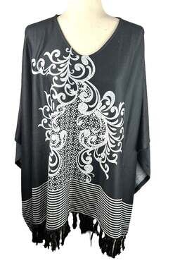 NEW Doe & Rae Black and Gray Abstract Print Poncho Black Fringe One Size